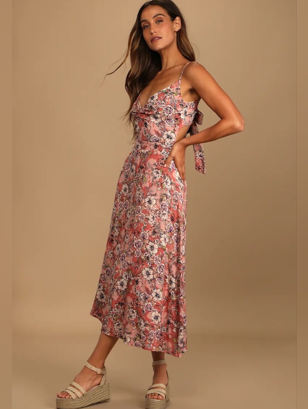 Lulus Ties Pink Floral Print Tie-Back Midi Dress Size S - Picture 4 of 7